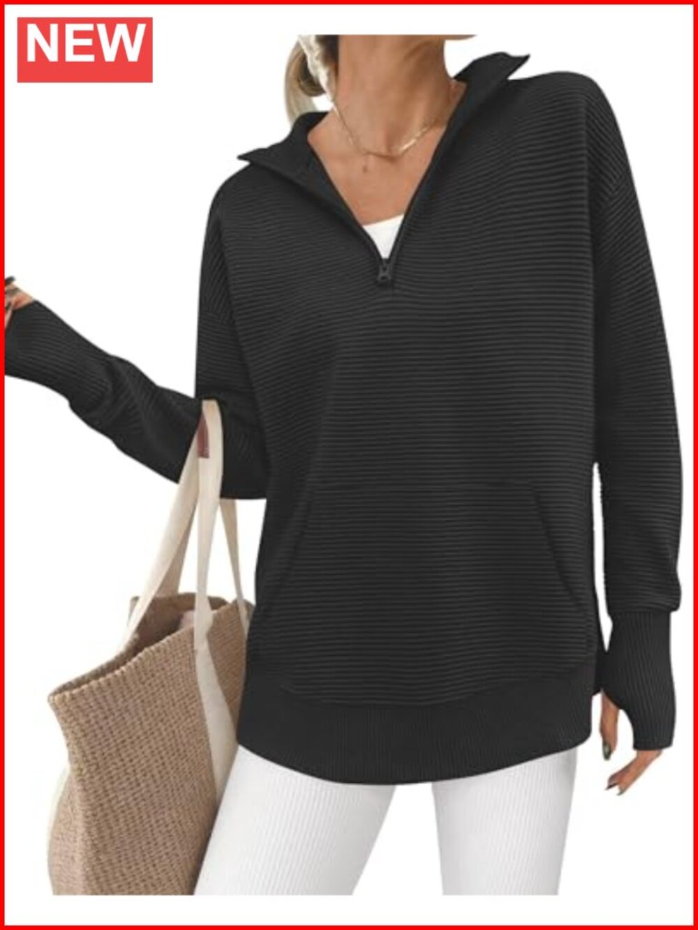 Quarter Zip Ribbed Knit Pullover Sweater Kangaroo Pocket Thumb Hole